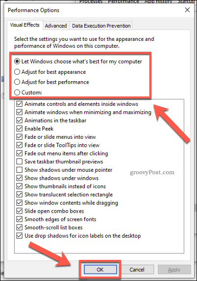 Windows Performance Options -valikko