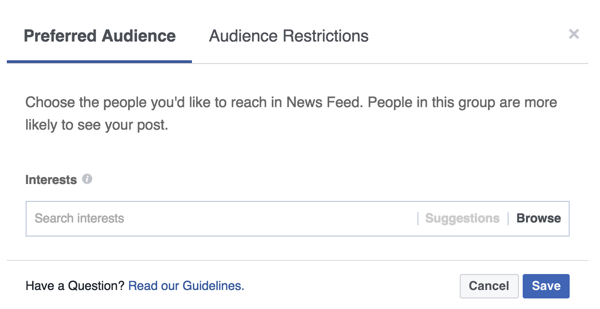 Lisää kiinnostustunnisteita, jotka vastaavat ihmisiä, joihin haluat tavoittaa Facebook-viestisi.