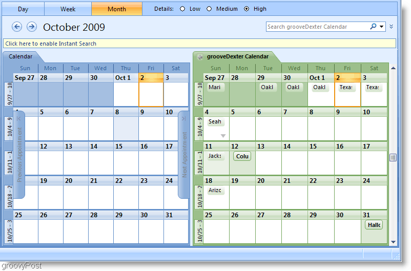 Outlook 2007 Side-by-side -kalenterikuva