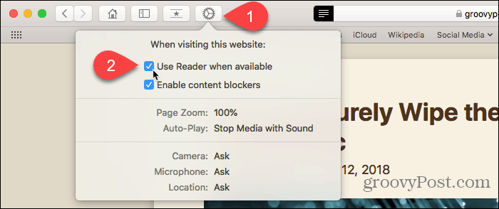 Käytä Verkkosivun asetukset -painiketta Safari for Mac -sovelluksessa