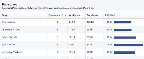 Facebookin Audience Insights tarjoaa luettelon sivuista, joista yleisösi saattaa pitää heidän kiinnostuksen kohteidensa perusteella. 