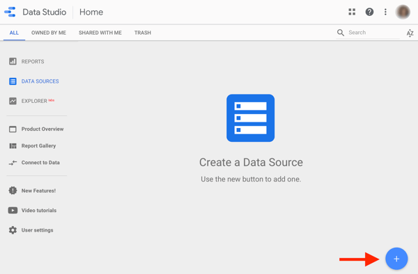 Käytä Google Data Studiota Facebook-mainostesi analysointiin, vaihe 1, mahdollisuus luoda tietolähde Google Data Studiossa