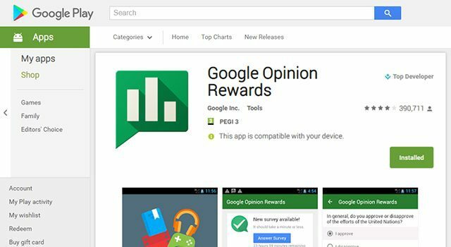 Ansaitse ilmainen Google Play -hyvitys Google Opinion Rewards -palvelulla