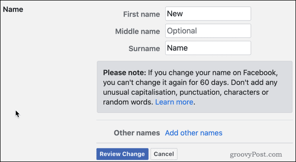 Tarkista Facebook-nimen muutokset