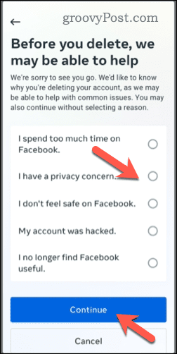 Facebook-tilin poistaminen mobiililaitteella