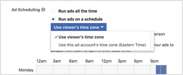 Valitse Käytä katseluohjelman aikavyöhykettä -vaihtoehto Facebook-kampanjallesi.
