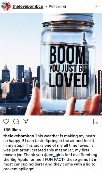 @thelovebombcon instagram-viesti, joka näyttää käyttäjien luomaa sisältöä tuotteestaan ​​New Yorkissa