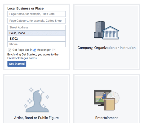 Harkitse ominaisuuksia, joita kukin tyyppi ja luokka tarjoaa Facebook-sivullesi.