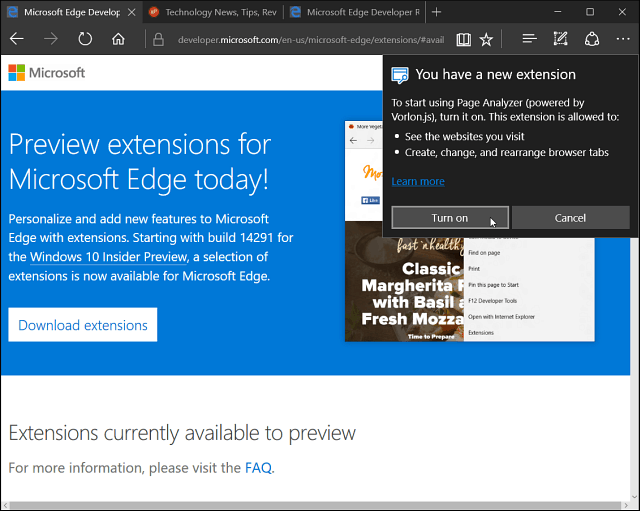 Microsoft Edge -laajennus asennettu