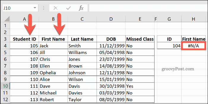 VLOOKUP palauttaa NA-virheen Excelissä