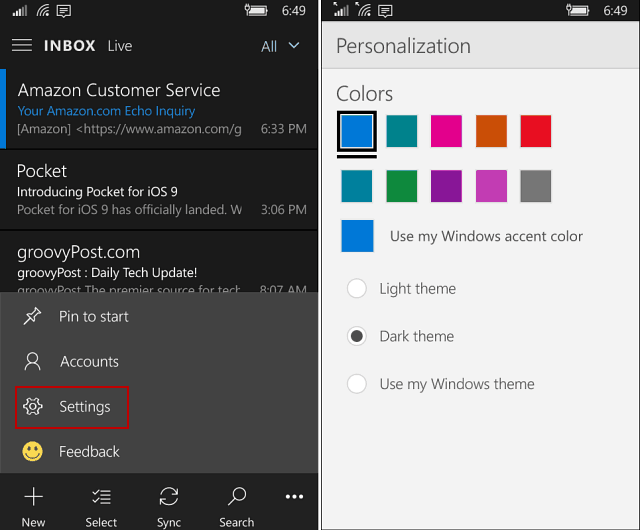 Outlook Mail- ja Kalenterisovellus Windows 10 Mobile: lla saa tumman teeman