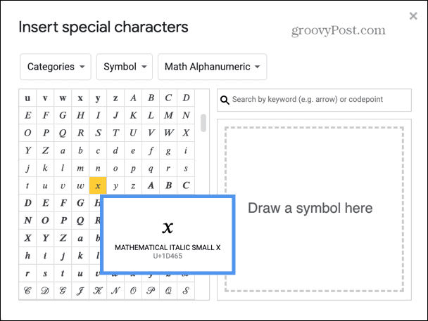 Google Slides valitse algebran kirjain