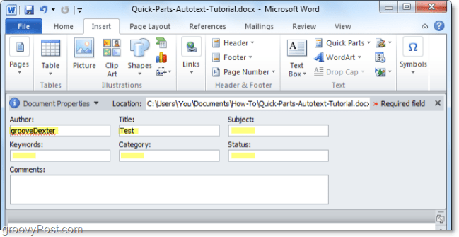 säädä asiakirjan ominaisuuksia Word 2010:n asiakirjapaneelista