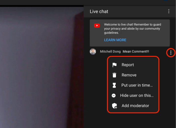 youtube live chat -kommenttien valvontavaihtoehdot kommentin ilmoittamiseksi tai poistamiseksi, käyttäjän aikakatkaisun asettamiseksi, käyttäjän piilottamiseksi kanavalle tai moderaattorin lisäämiseksi keskusteluun