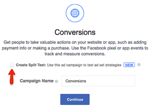 Valitse ruutu, jos haluat luoda jaetun testin Facebook-kampanjaasi.