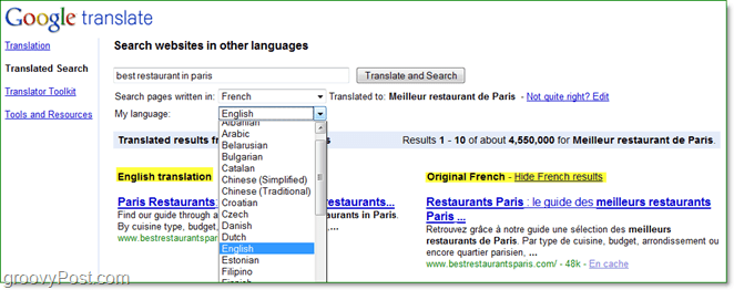 etsi verkkosivuja eri kielillä ja lue ne omallasi käyttämällä Googlen käännettyjä osioita