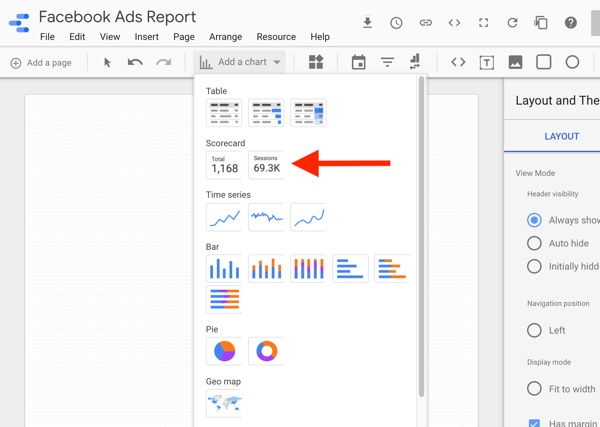 Käytä Google Data Studiota analysoimaan Facebook-mainoksiasi, vaihe 8, vaihtoehto tuloskorttikaavion valitsemiseksi Google Data Studiossa