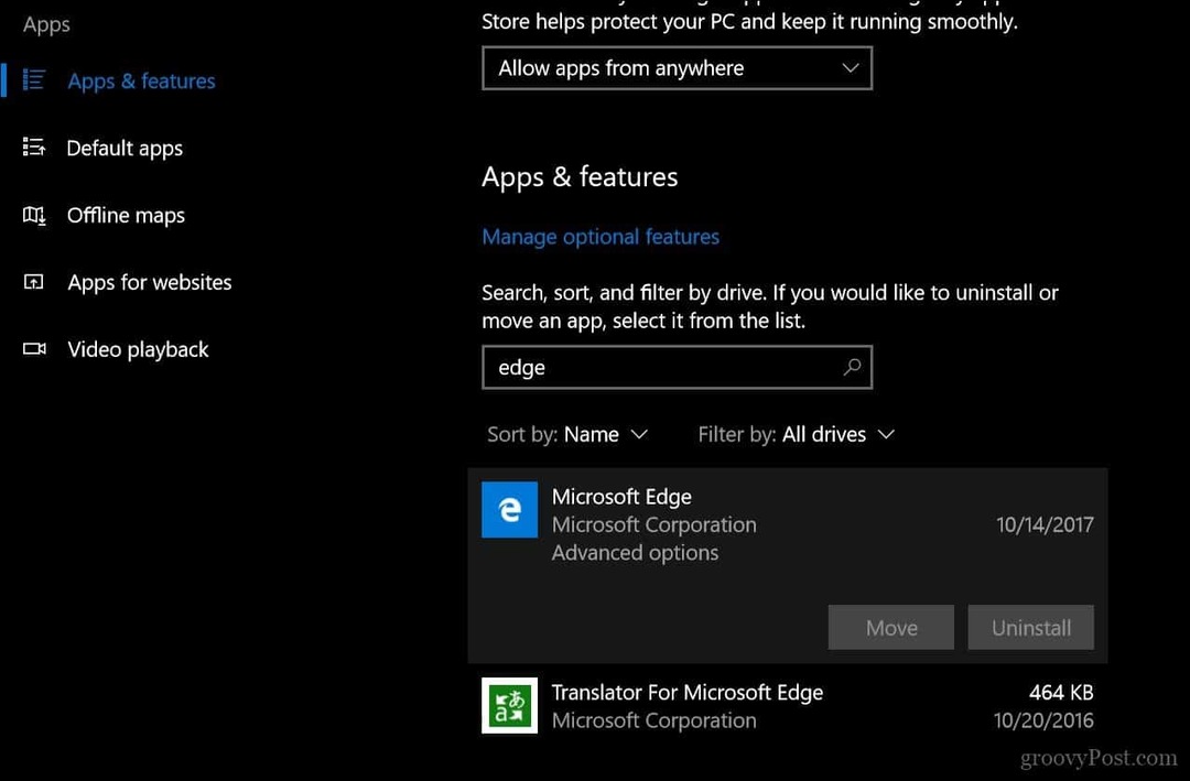 Kuinka palauttaa tai korjata Microsoft Edge -selain Windows 10 1709: ssä tai uudemmassa