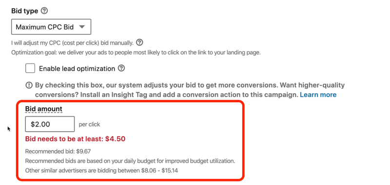 kuvakaappaus punaisella viestistä, jonka mukaan LinkedIn-tarjouksen on oltava vähintään 4,50 dollaria