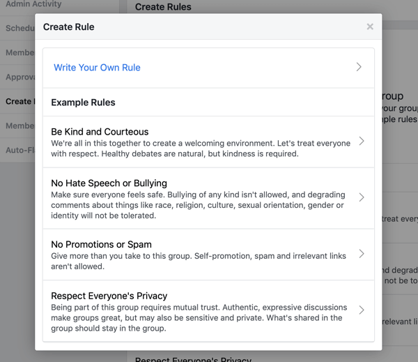 Kuinka parantaa Facebook-ryhmäyhteisösi, esimerkki Facebook-ryhmän ennalta kirjoitetuista säännöistä