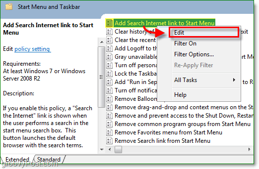 Napsauta Lisää haku -linkkiä aloittaaksesi valikon ja napsauta sitten muokkausvaihtoehtoa Windows 7: n hiiren kakkospainikkeella pikavalikossa