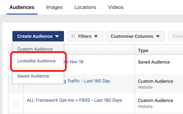 Mahdollisuus luoda Facebook-näköinen yleisö Facebook-mainoshallinnan Luo yleisö -kohdassa.