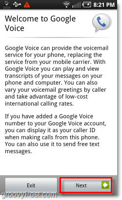 Google Voice Android Mobile -tervetulonäytöllä