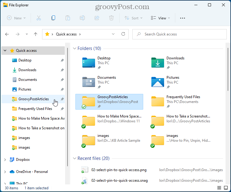 Pikakäyttökansiot File Explorerissa