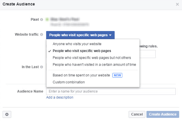 Valitse Verkkosivuston liikenne -valikosta, ketkä haluat sisällyttää mukautettuun Facebook-yleisöösi.