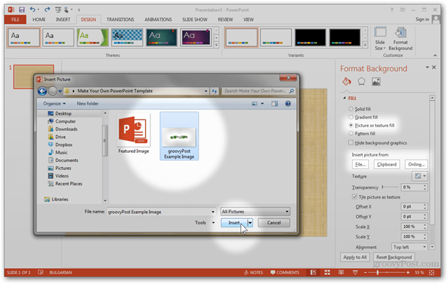 Office 2013 -malli Luo mukautetun suunnittelun tekeminen POTX-sovelluksen mukauttamiseksi dioja varten Oppaat Kuinka kuvata valokuvan tekstuuritäyttö Täytä leikepöydätiedosto