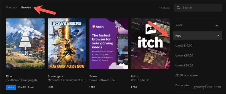 Epic Games Store -sivusto, joka näyttää ostettavia pelejä