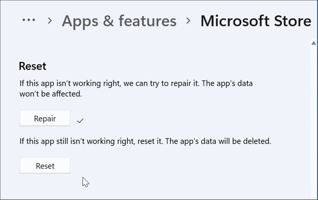 nollaa tai korjaa sovellus Microsoft Store ei toimi Windows 11:ssä