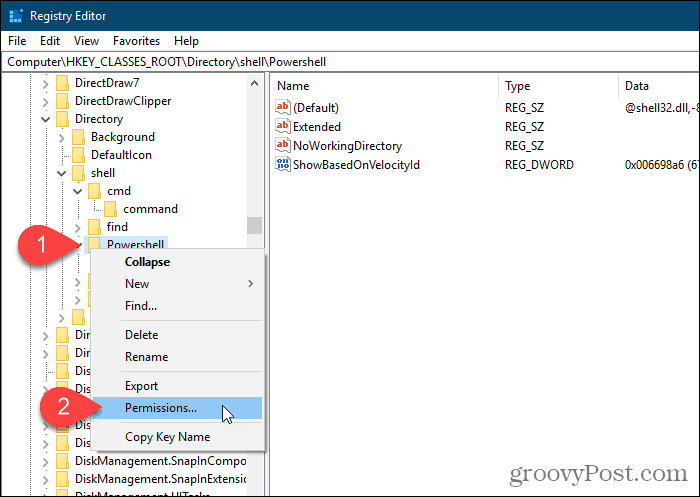 Valitse Käyttöoikeudet Powershell-avaimeen Windowsin rekisterieditorissa