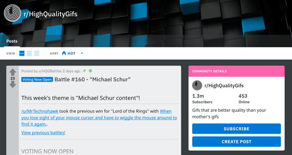 Kuinka markkinoida yritystäsi Redditissä, esimerkkiviesti subreddit r / HighQualityGifs -palvelusta