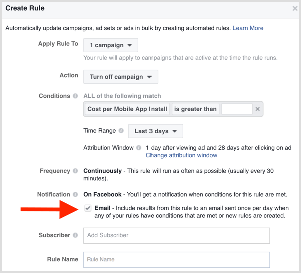 Facebook Ads Manager -sovelluksen automaattinen sääntöilmoitus