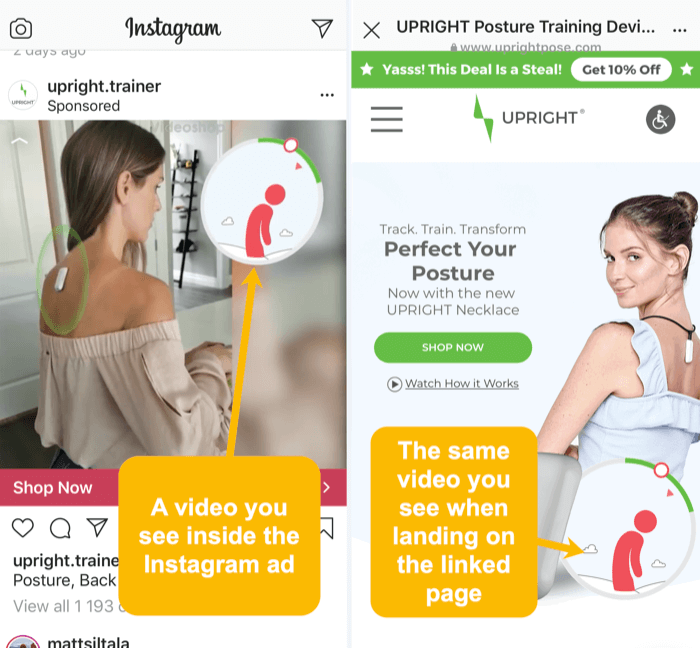 samat video- ja visuaaliset elementit Instagram-mainoksessa ja linkitetyllä aloitussivulla