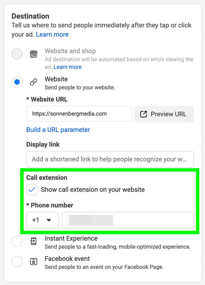 how-to-use-the-meta-call-ads-pre-call-business-feature-ad-level-enter-definition-page-url-check-call-extension-box-enter-business-phone-number- esimerkki-11
