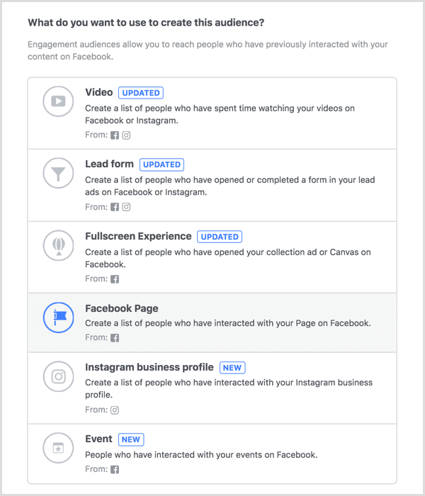 Valitse Facebook-sivu-vaihtoehto luodaksesi mukautetun mukautetun yleisön