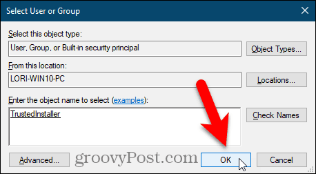 Sulje Valitse käyttäjä tai ryhmä -valintaikkuna Windowsin rekisterieditorissa