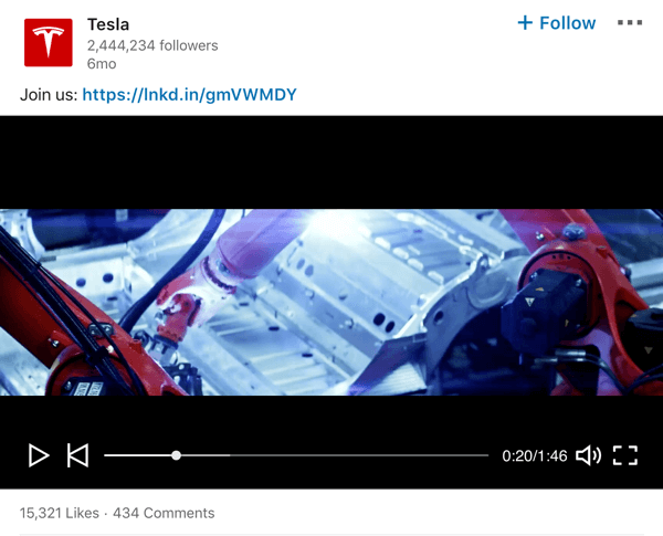 Esimerkki Tesla LinkedIn -yrityssivun videopostista.