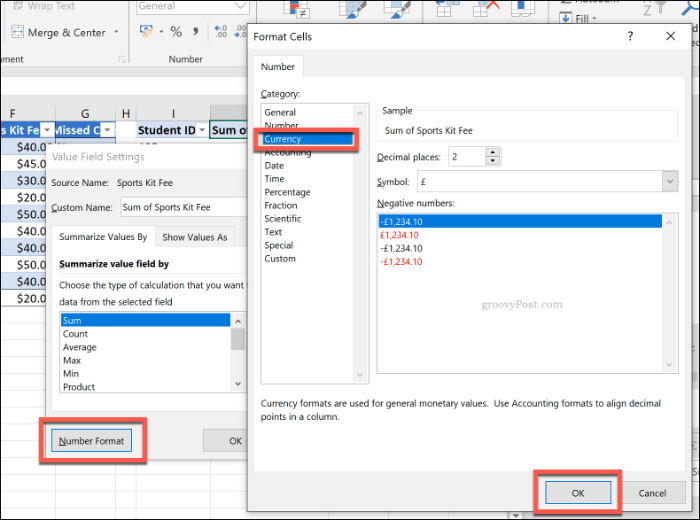 Solunumeron muotoiluvaihtoehdot kääntötaululle Excelissä