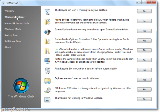 FixWin Windows Explorer korjaa kuvakaappauksen