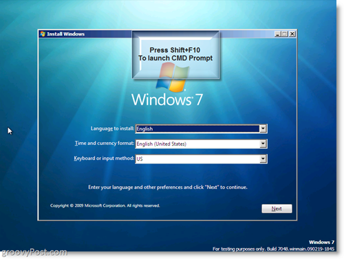 Windows 7 Install - Käynnistä CMD-kehote Shift + F10 -sovelluksella