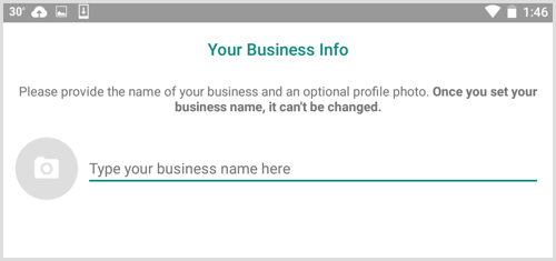 Kirjoita yrityksesi nimi Yrityksesi tiedot -näyttöön WhatsApp Businessissa