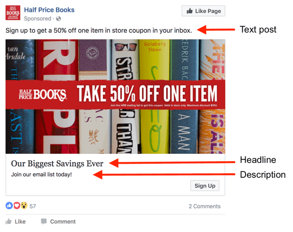 Facebook-mainoksessa on kolme teksti-aluetta.