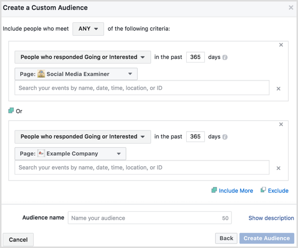 Facebook Ads Manager luo mukautetun yleisön tapahtumien sitoutumisen perusteella
