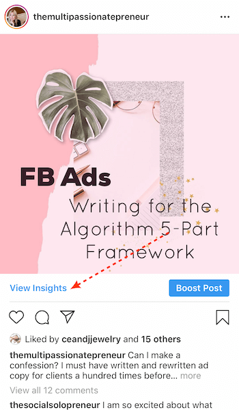 Näytä Insights-painike Instagram-yrityspostissa