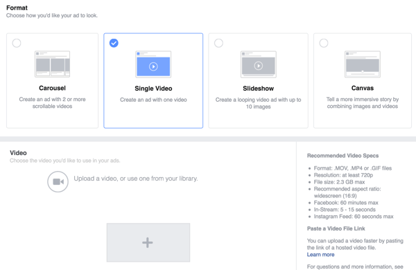 Valitse Facebook-mainosmuodoksi Yksi video ja lataa sitten video.