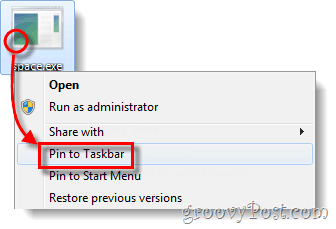 pin exe-tiedosto tehtäväpalkin Windows 7: ään