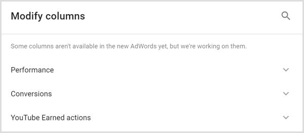 Google AdWords -analytiikka muokkaa sarakkeiden näyttöä